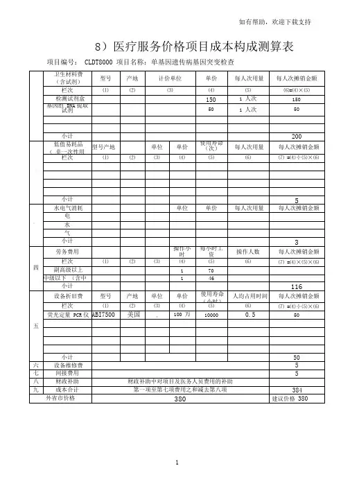 医疗服务价格项目成本构成测算表