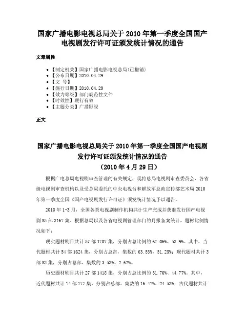 国家广播电影电视总局关于2010年第一季度全国国产电视剧发行许可证颁发统计情况的通告