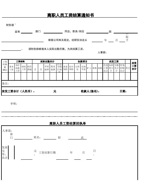 离职员工工资结算单(XLS)