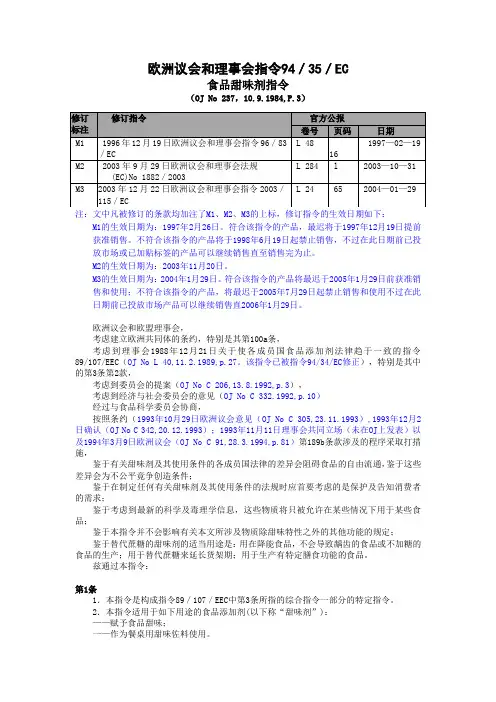 欧洲议会和理事会指令94／35／EC食品甜味剂指令