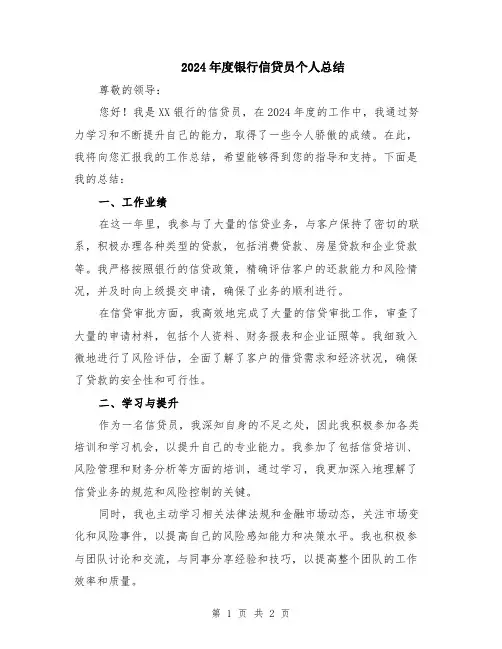 2024年度银行信贷员个人总结
