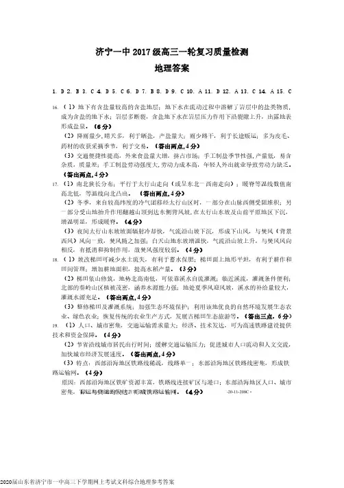 2020届山东省济宁市一中高三下学期网上考试文科综合地理参考答案