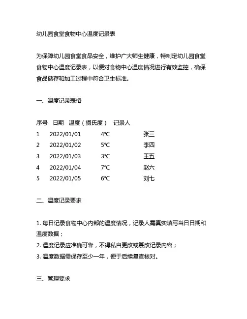 幼儿园食堂食物中心温度记录表 幼儿园食堂管理