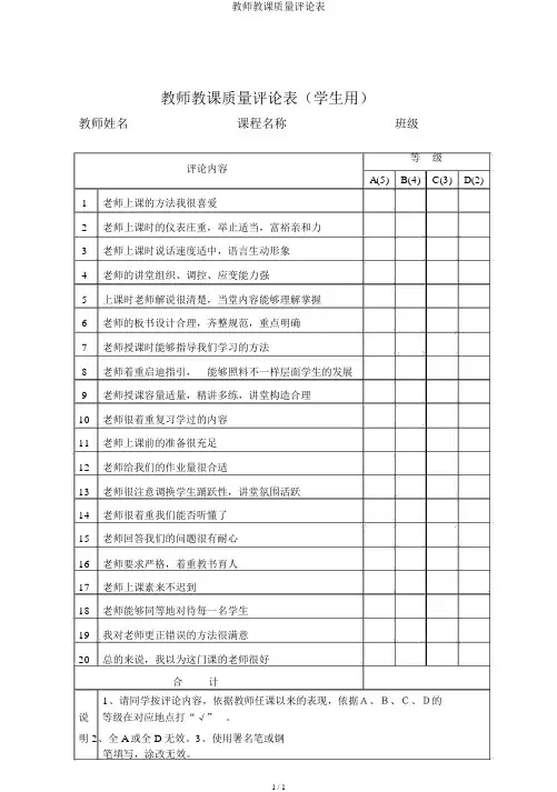 教师教学质量评价表
