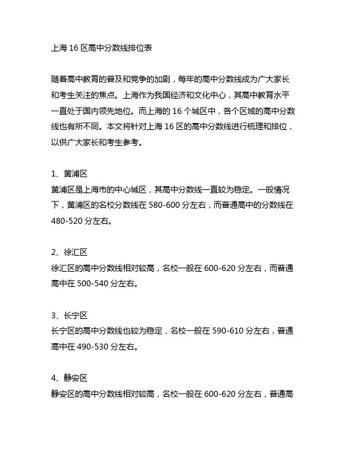上海16区高中分数线排位表!