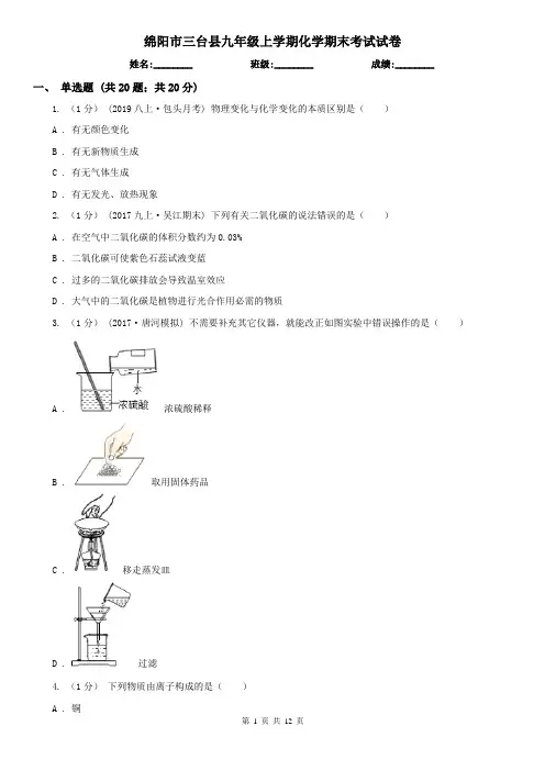 绵阳市三台县九年级上学期化学期末考试试卷