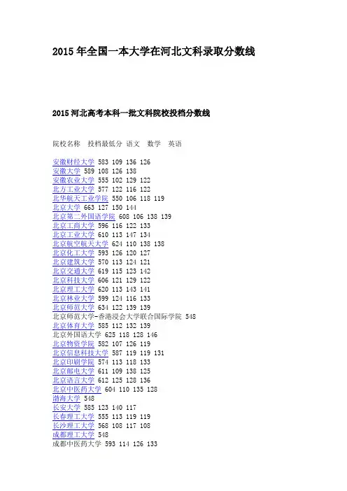 2015年全国一本大学在河北文科录取分数线