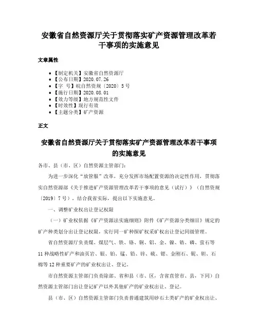 安徽省自然资源厅关于贯彻落实矿产资源管理改革若干事项的实施意见