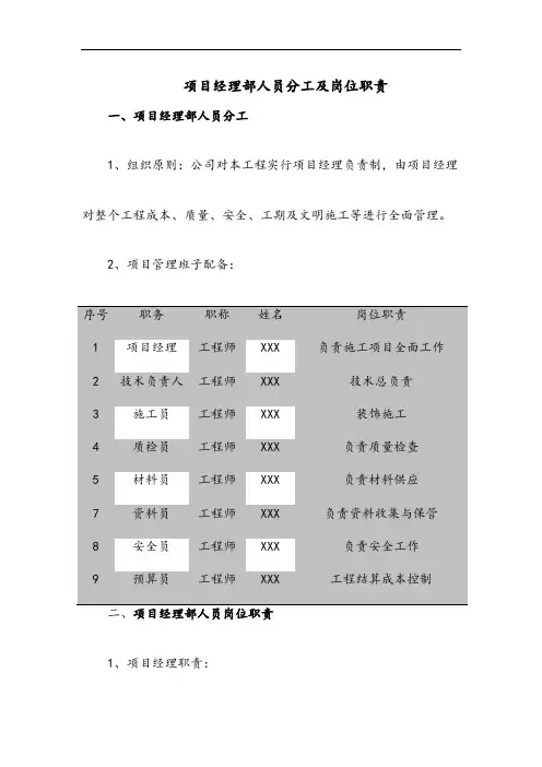 项目经理部人员分工及岗位职责