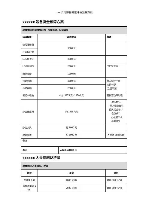 xxx公司筹备筹建评估预算方案