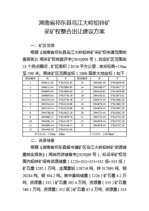 湖南省祁东县鸟江大岭铅锌矿采矿权整合出让建议方案【模板】