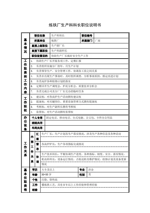炼铁厂生产科科长职位说明书