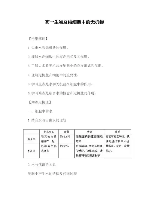 高一生物总结细胞中的无机物