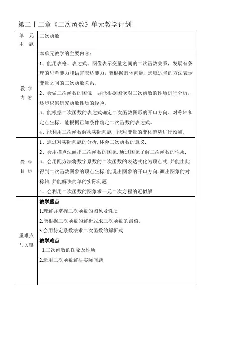 初中数学人教九年级上册第二十二章 二次函数第22章《二次函数》单元教学计划
