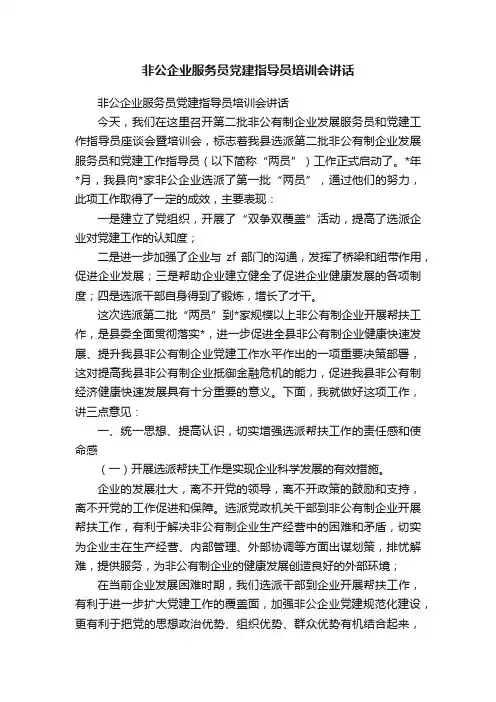 非公企业服务员党建指导员培训会讲话