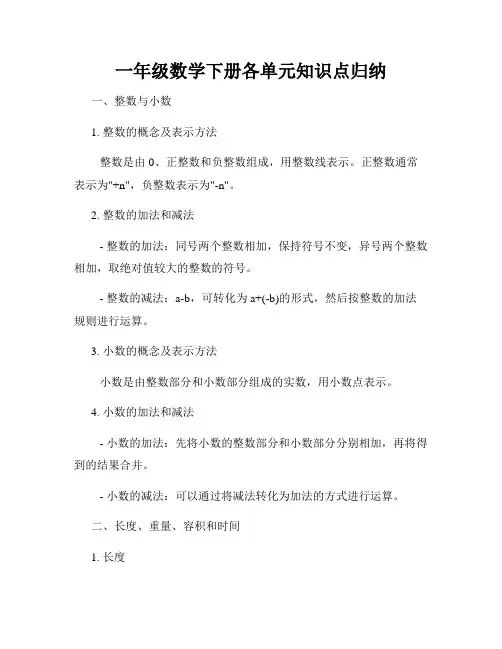 一年级数学下册各单元知识点归纳