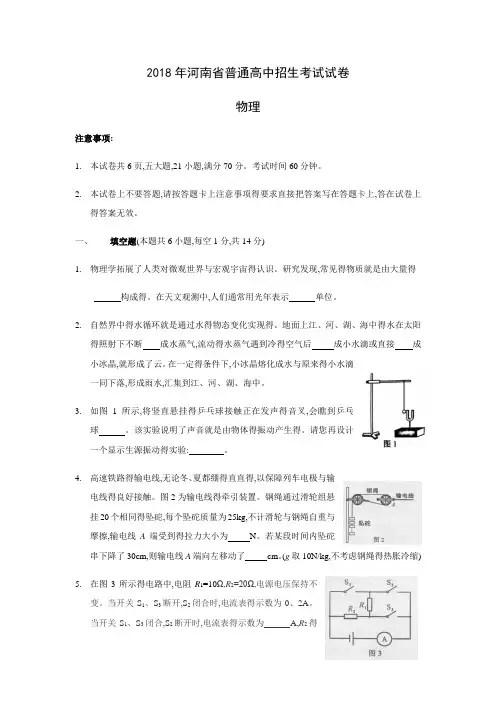 2018年河南省中考物理试题(详细答案解析版)