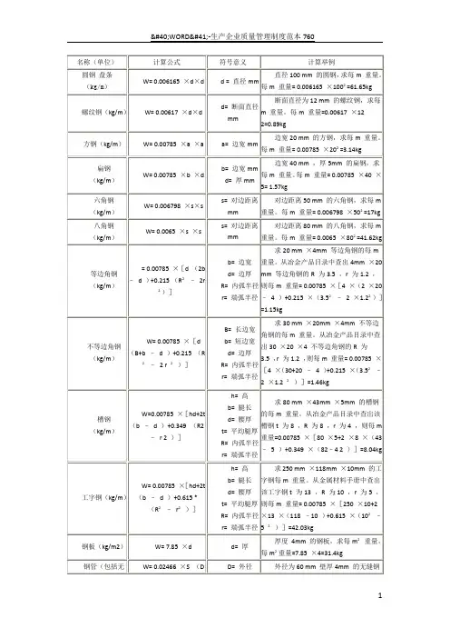 方钢理论重量计算式及重量表