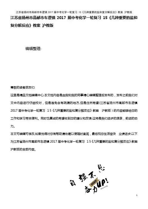 中考化学一轮复习 15《几种重要的盐和复分解反应》教案 沪教版(2021学年)