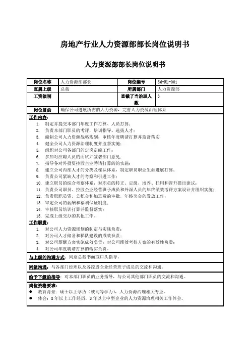 房地产行业人力资源部部长岗位说明书