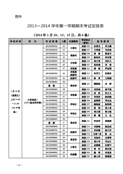2013-2014学年第一学期期末考试安排表