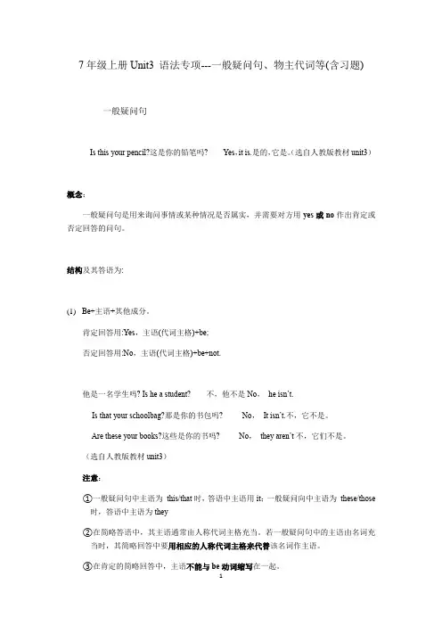 人教英语七上【暑假预习】初中人教英语7年级上册Unit 3 语法专项-一般疑问句、物主代词等