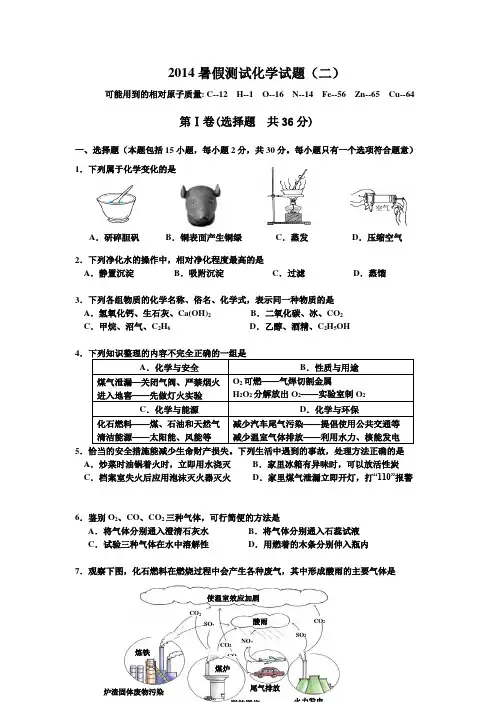 2014中考模拟化学试卷含答案
