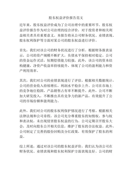 股东权益评价报告范文