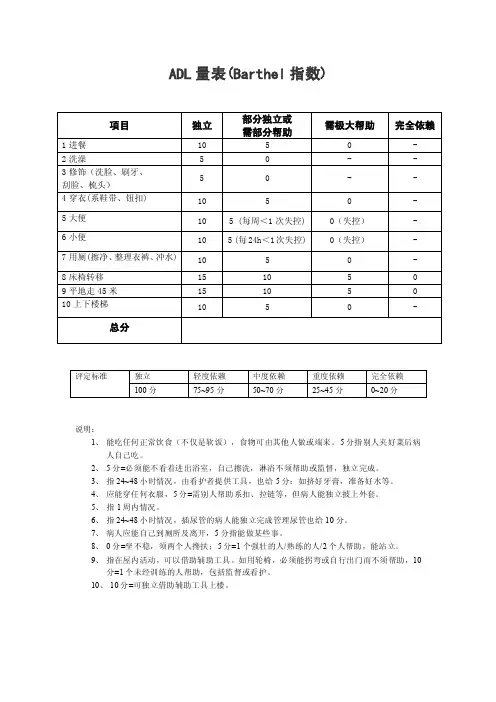 ADL量表（巴氏指数）