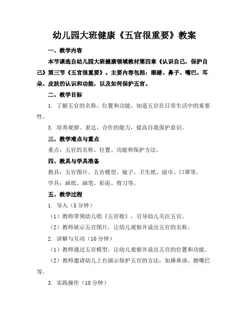 幼儿园大班健康《五官很重要》教案