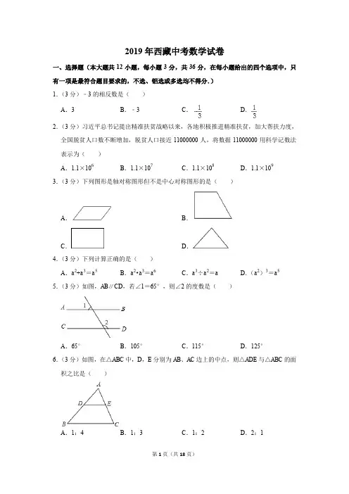 2019年西藏中考数学试卷以及解析版