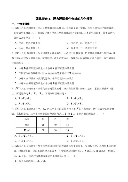 强化突破3浮力浮沉条件分析的几个模型八年级科学上册学练测(浙教版)(原卷版)