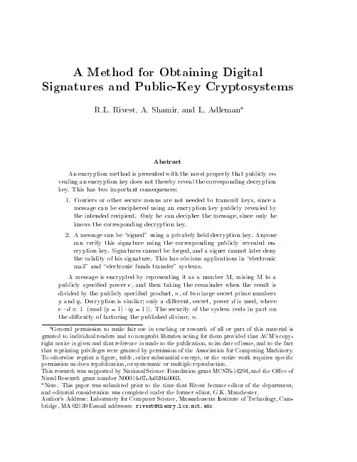 A method for obtaining digital signatures and public-key cryptosystems