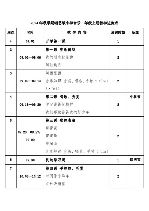 2024年秋学期湘艺版小学音乐二年级上册教学进度表