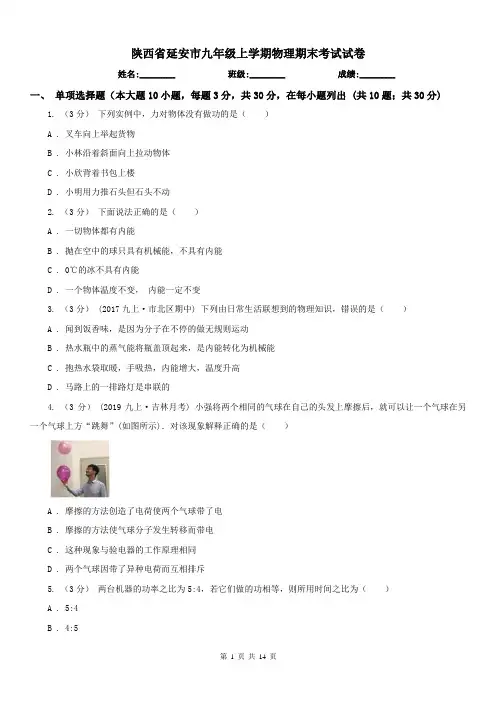 陕西省延安市九年级上学期物理期末考试试卷