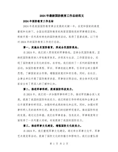 2024年最新国防教育工作总结范文