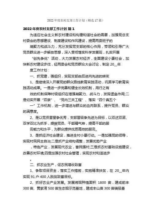 2022年度农村支部工作计划(精选17篇)