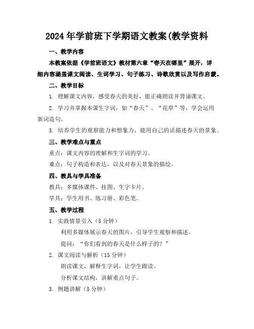 2024年学前班下学期语文教案(教学资料