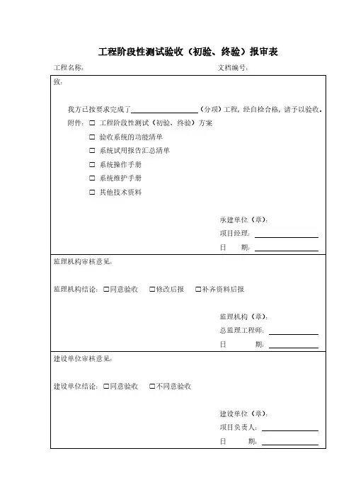 工程阶段性测试验收(初验终验)报审表(仅用于个人学习的参考模板)