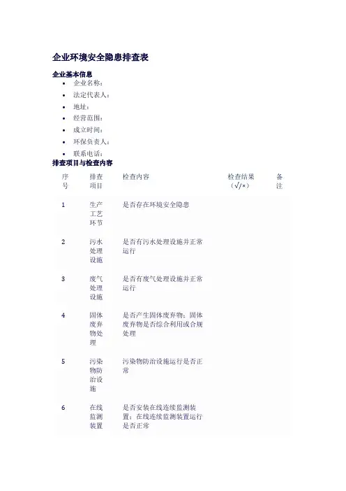 企业环境安全隐患排查表