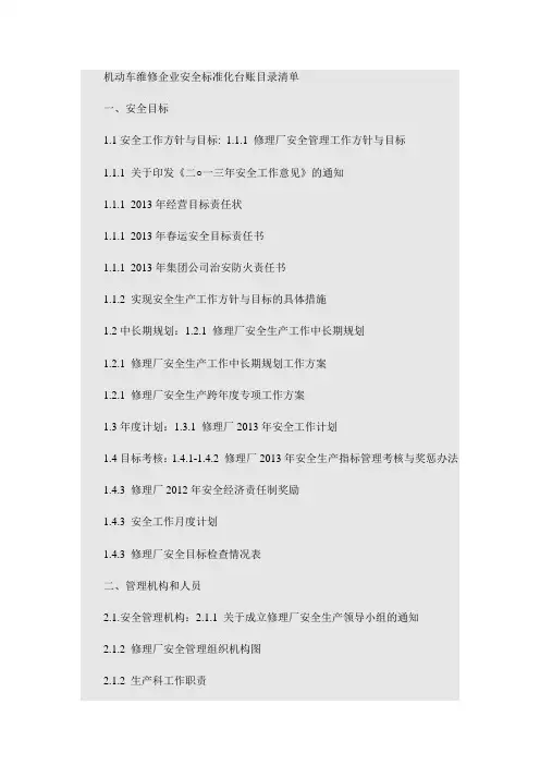 机动车维修企业安全标准化台账目录清单
