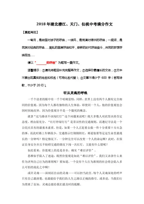 2018年湖北天门潜江仙桃中考满分作文《听从灵魂的呼唤》
