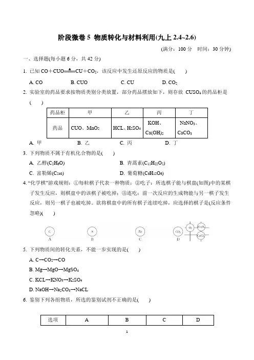 2024年浙教版九年级科学阶段微卷5 物质转化与材料利用(九上2. 4～2. 6)