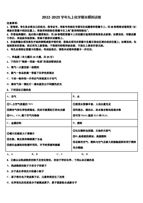 2022-2023学年湖北省黄石市陶港中学九年级化学第一学期期末考试模拟试题含解析