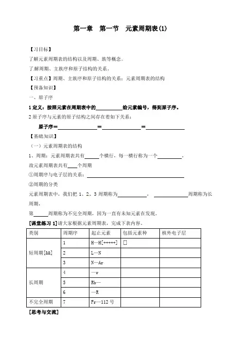 最新人教版必修二高中化学1.1.1元素周期表(1)导学案