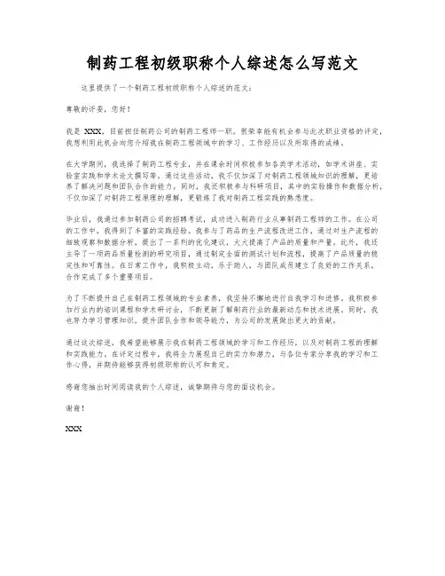 制药工程初级职称个人综述怎么写范文