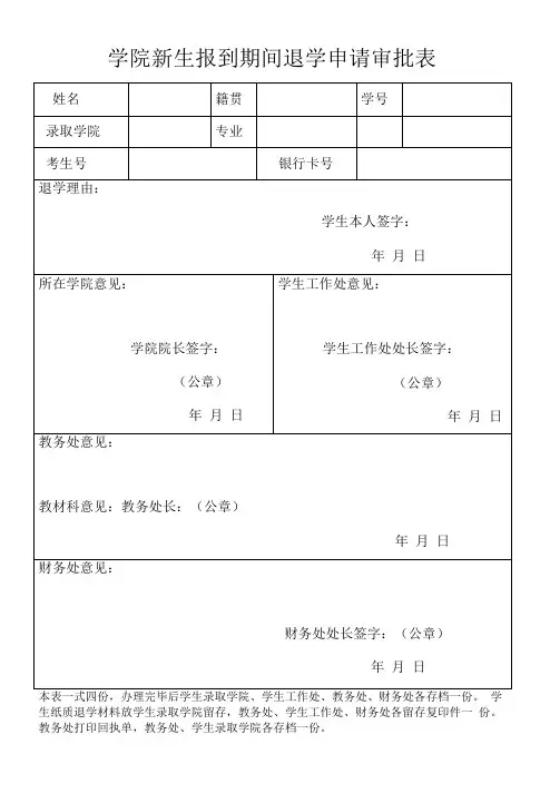 学院新生报到期间退学申请审批表