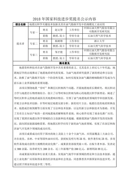 2018年国家科技进步奖提名公示内容