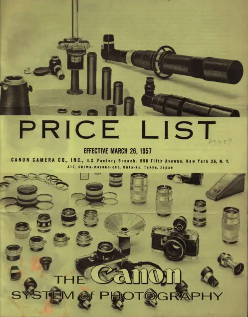 1957年的Canon摄影系统产品价格表说明书
