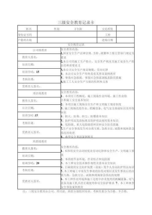 三级安全教育记录卡